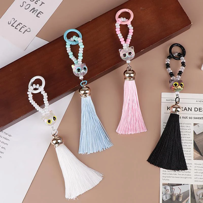 Cute Cat Head Beaded Tassel Mobile Phone Chain Charms Keychain Pendants Bag Hanging Ornaments Couple Backpack Accessories Gifts