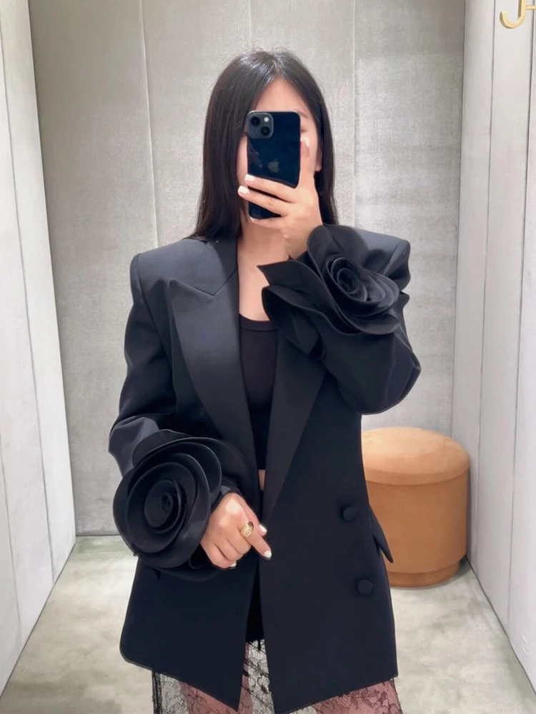 

Elegant Floral Women's Suit Jacket Straight Cut High Fashion Commute Ready with Pockets And Double Button Closure
