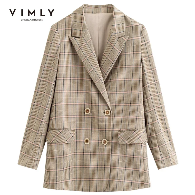 VIMLY Elegant Plaid Blazer for Women 2024 Spring Fashion Notched Double-breasted Jacket Ladies Suit Coat Female Clothes F6208