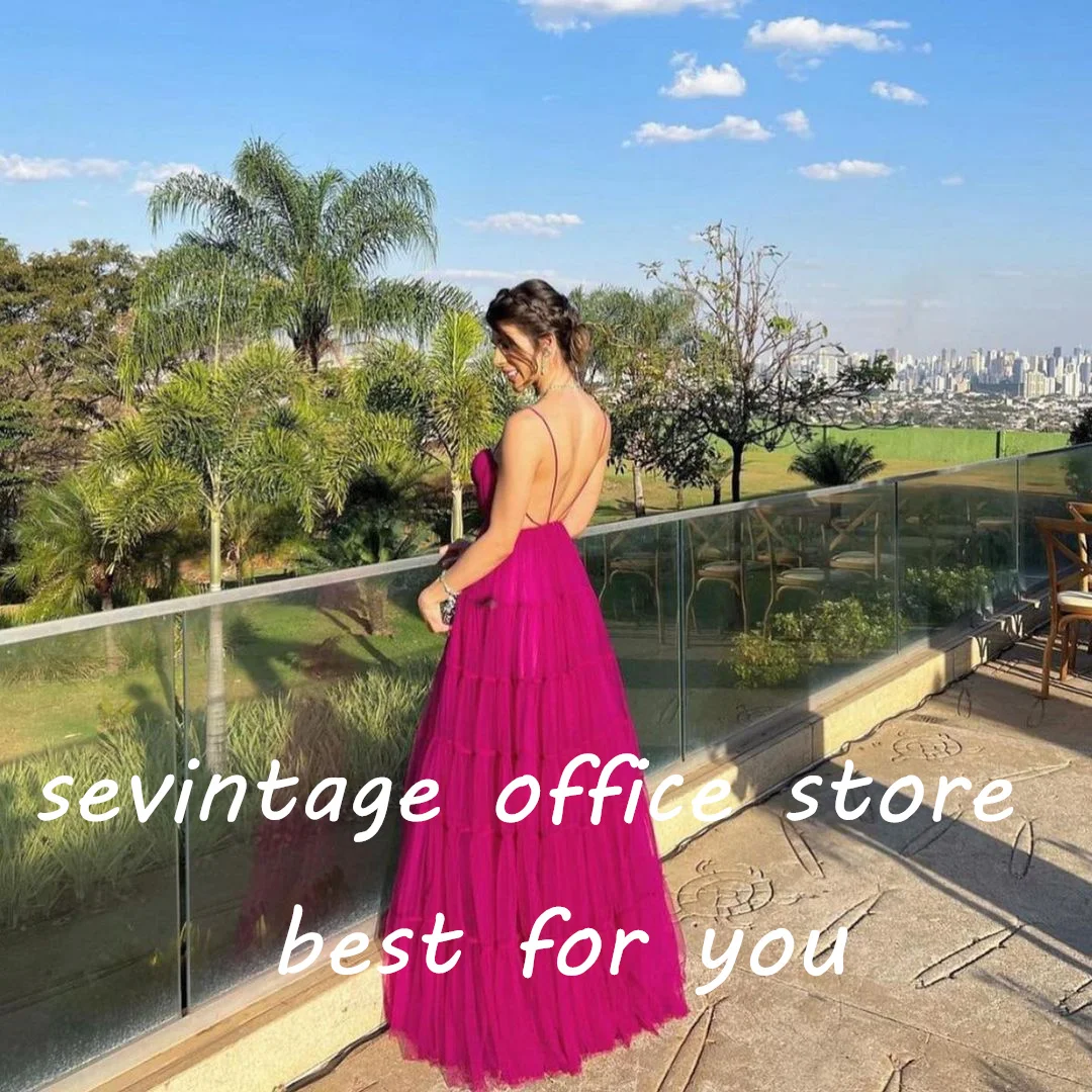 Sevintage Fuschia Tulle Prom Dresses Sweetheart Spaghetti Strap A-Line Pleat Ruched Evening Gowns Special Occasion Gown 2023