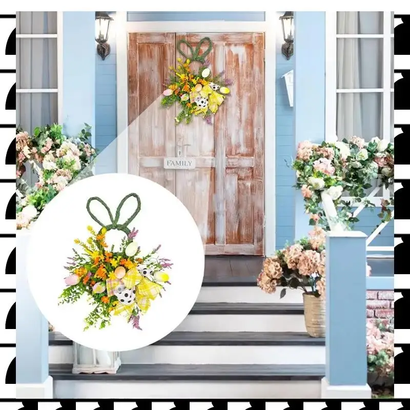 

A44U Spring Easter Bunny Wreath Artificial Flower Rabbitwreath With Eggs Rattan Spring Front Door Garland Rustic Handmade