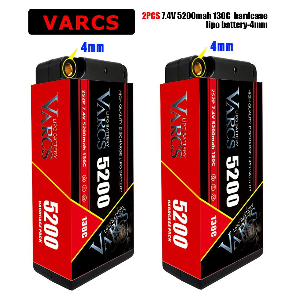 VARCS Shorty Lipo Battery 2S 7.4V 5200mAh 130C 4mm 5mm Bullet Competition Short-Pack Deans XT90 RC 1/8 1/10 Car Boat Truck Buggy