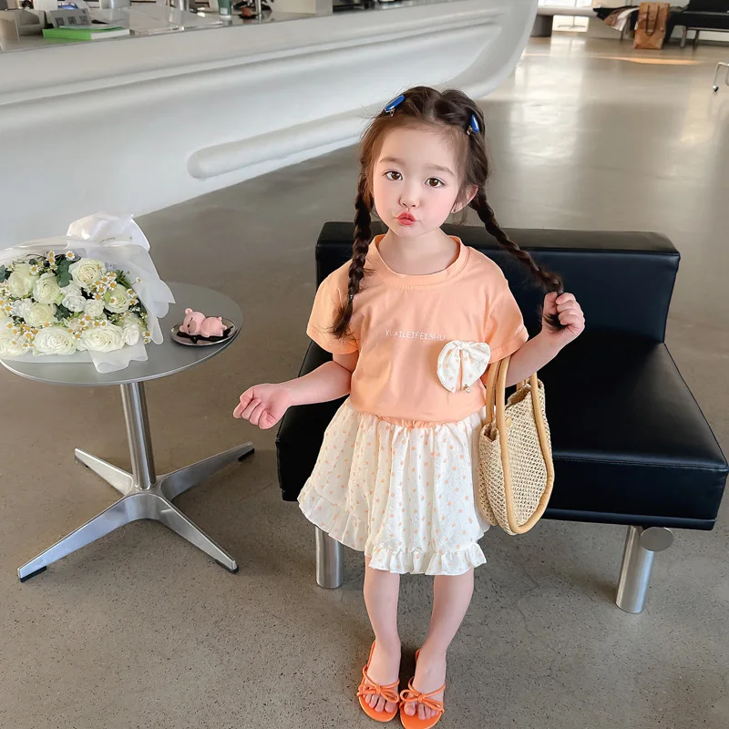 Girls Summer Suit 2025 New Children's Foreign Fashion Baby Girl Clothes Summer T-shirt Short Skirt Two-piece Set