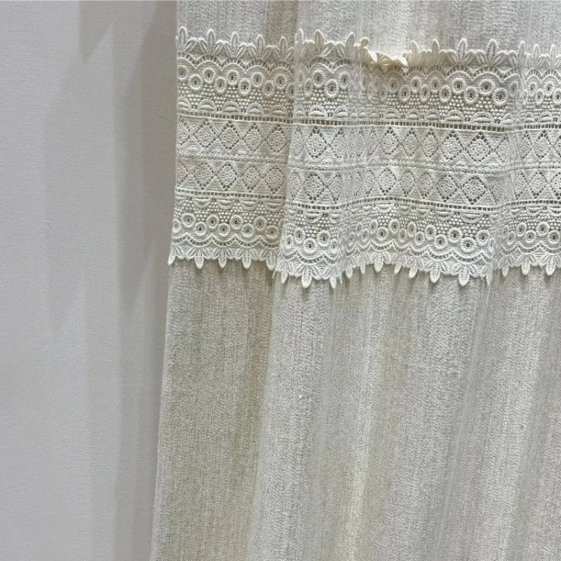French Lace Cotton Linen Splicing Hollow Lace Cream Curtains for Living Room Balcony Bedroom Bay Window Curtains Screen Curtains