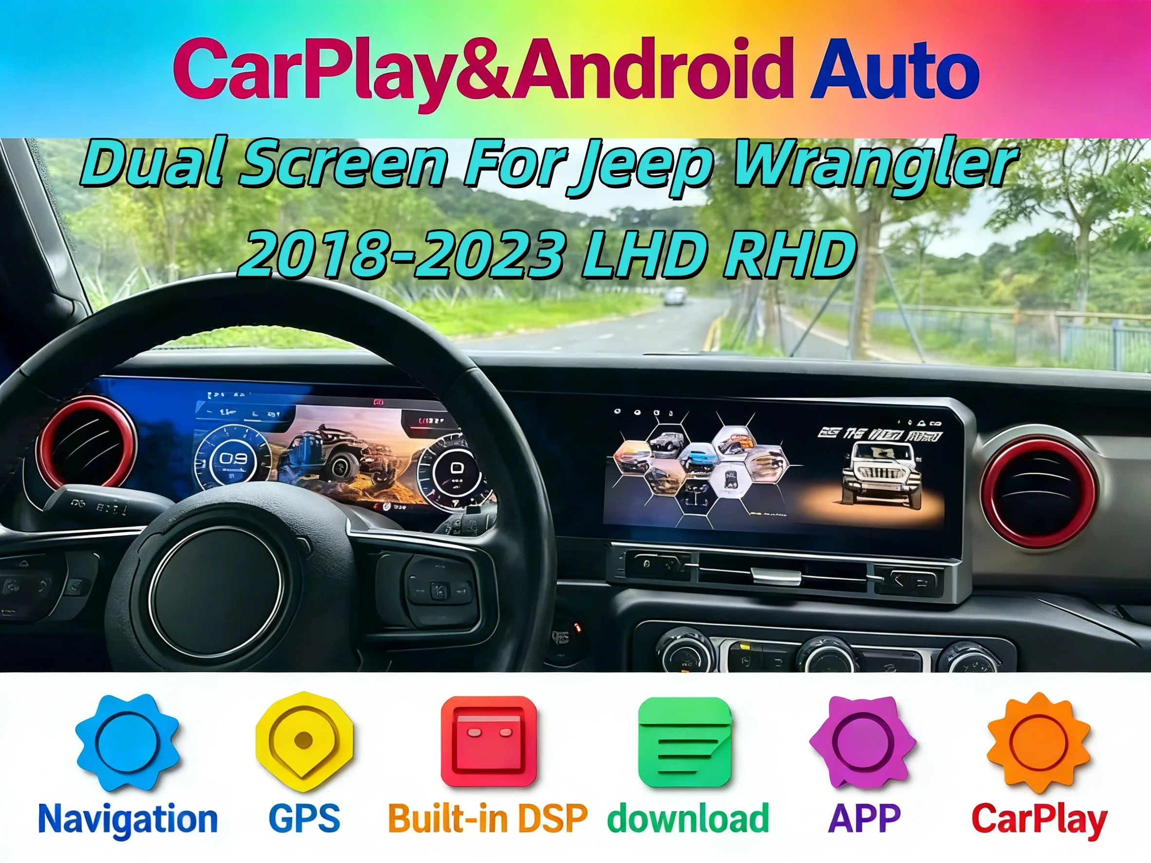 

Android 13, беспроводной CarPlay Auto для Jeep Wrangler 2018-2023, мультимедийный двойной экран, цифровая приборная панель, головное устройство, автомобильное радио, Navi