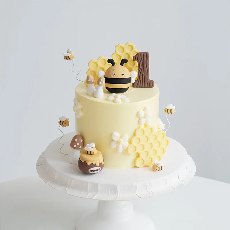 Cartoon Bee Animal Cake Toppers Honeycomb Felt Happy Birthday Sign Topper for Cake Decorating Gift view 3