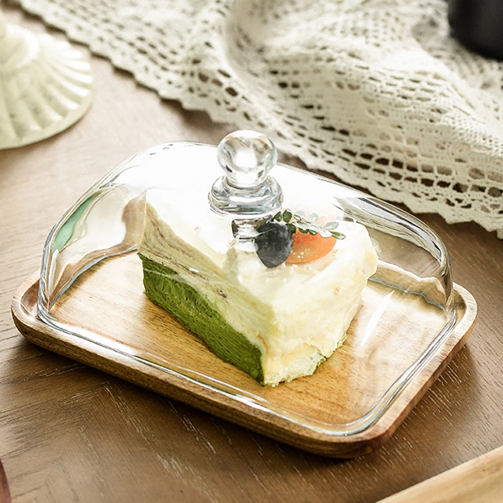 Wooden Butter Dish With Clear Glass Lid Stylish Rectangular Display Tray, For Butter Block Of Cream Chees Serving Dish