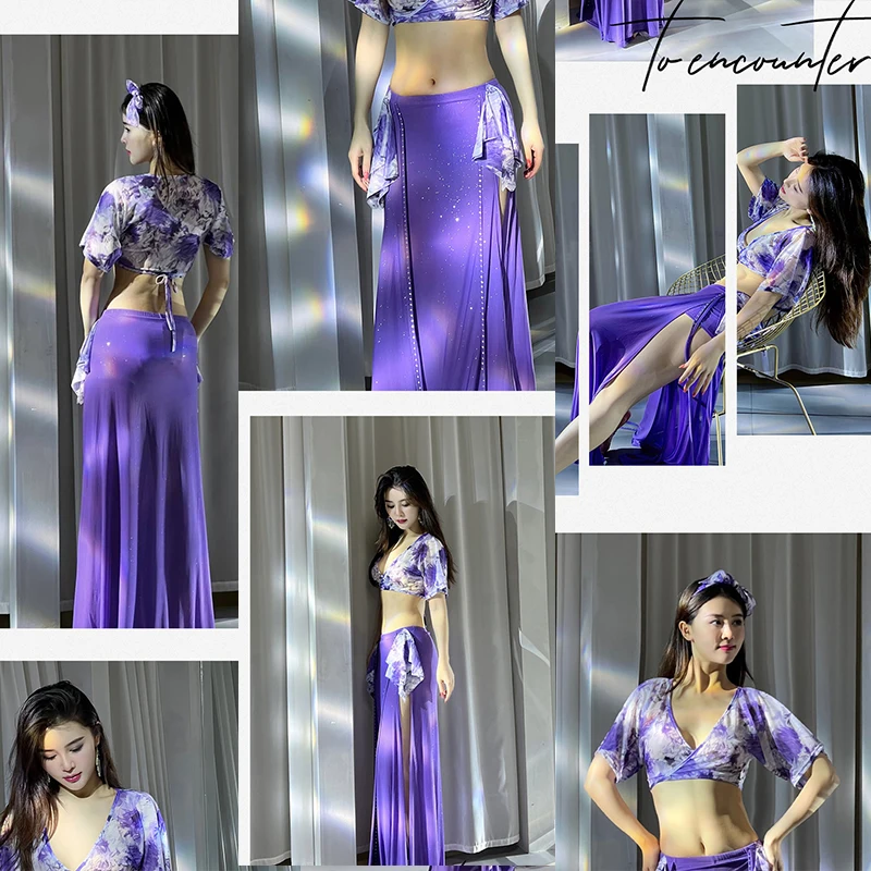 Belly Dance Costumes Top and Skirt 2 Pcs Set Summer Printed Mesh For Adult Women Stage Performance Worksuit Practice Clothes