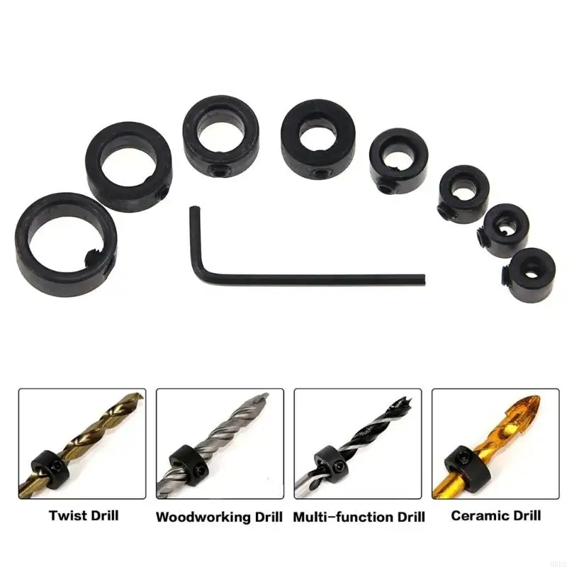 

8Pcs Drill Bit Depth Stop Collar Set Adjustable Positioner Rings Split Rings 3-16mm with Wrench for Woodworking Tools D0LD