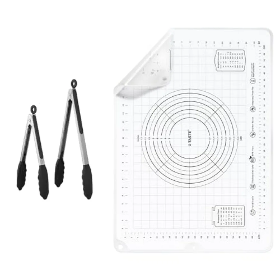 

600 ℉ Термостойкие пищевые антипригарные твердые щипцы для приготовления пищи, набор из 2 (черных), и большой силиконовый коврик для кондитерских изделий 20 x 28 дюймов, пищевой продукт