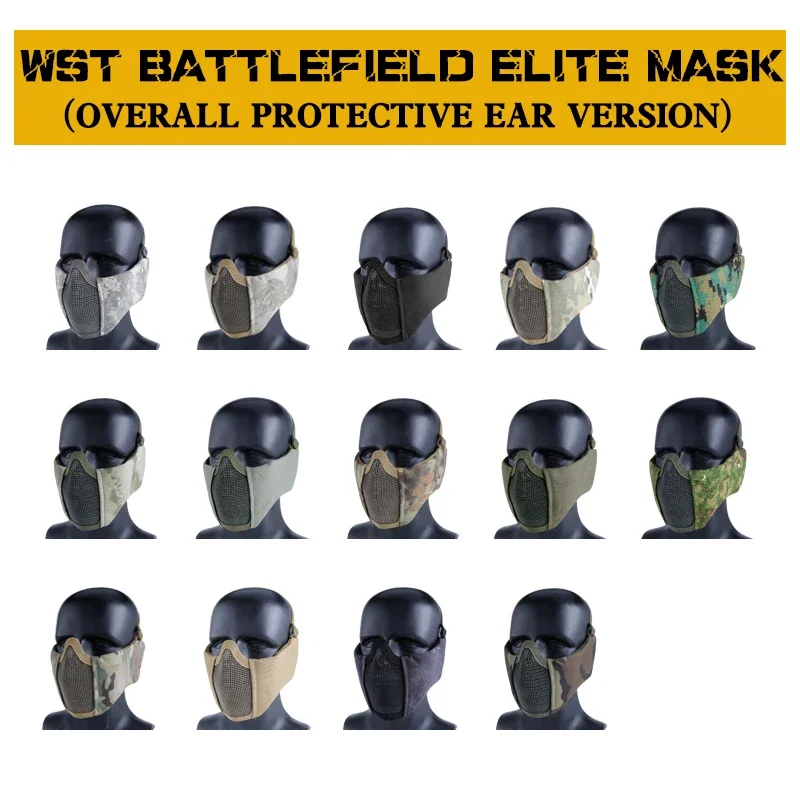 Camuflagem tática meia máscara facial metal aço net malha máscara caça máscara protetora airsoft máscara de proteção de ouvido