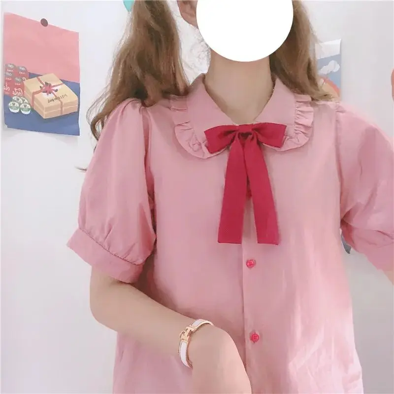 

Korean Sle Button up White irts Women Summer Ruffle Puff Cleanfit Sle Synthetic Fiber ort Sve Women's irt