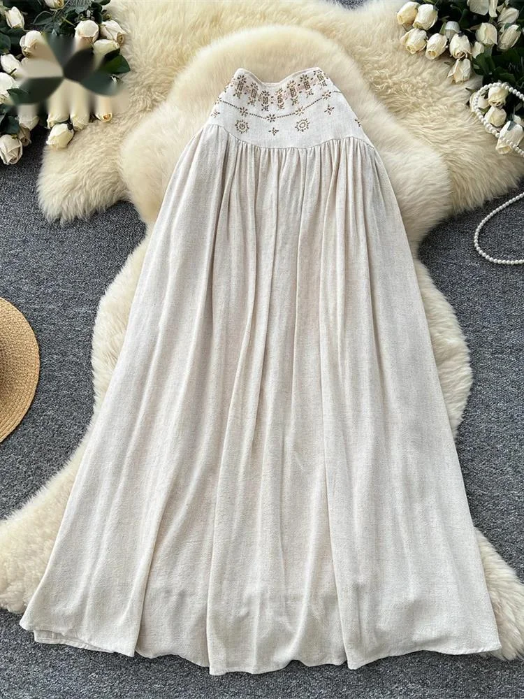 Diamonds Boho Flowy Skirt Spring Summer High Waist Slim Zipper Design Ladies Fashion Casual Holiday A-line Long Skirt