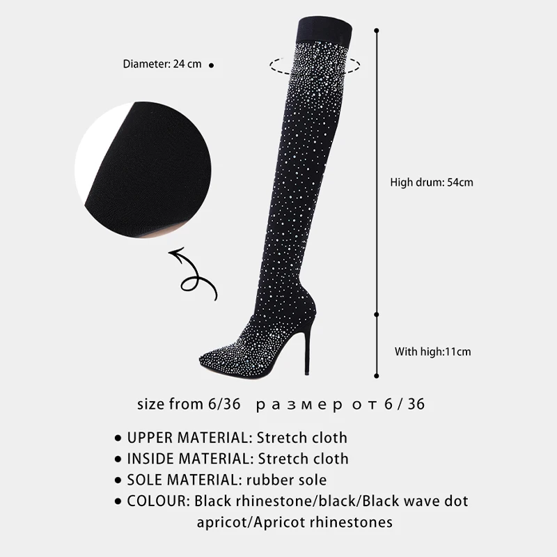 Ods Shiny Design Crystal Rhinestone Stretch Fabric Sexy High Heels Sock Over-the-Knee Boots Pointed Toe Pole Dancing Women Shoes