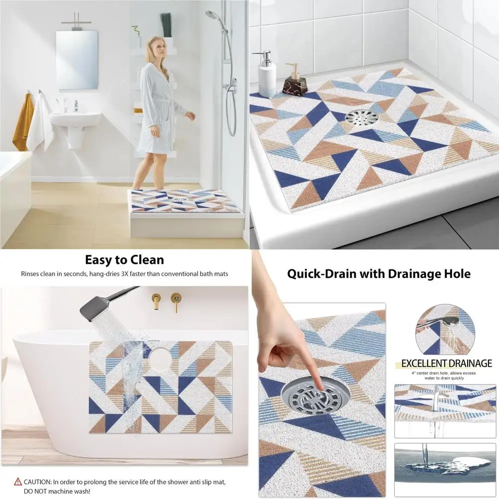 

Large 36x36 Non-Slip Shower Mat with Drain Hole, Stylish PVC Bath Mat with Soft Trim, Quick-Drying