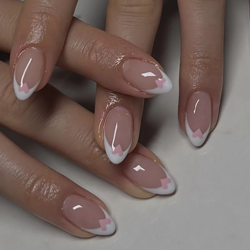

24 Pcs Simple French White Acrylic Press on Nails with Glue Short Almond False Nails for Girls Pink Heart Nail Tips with Charms