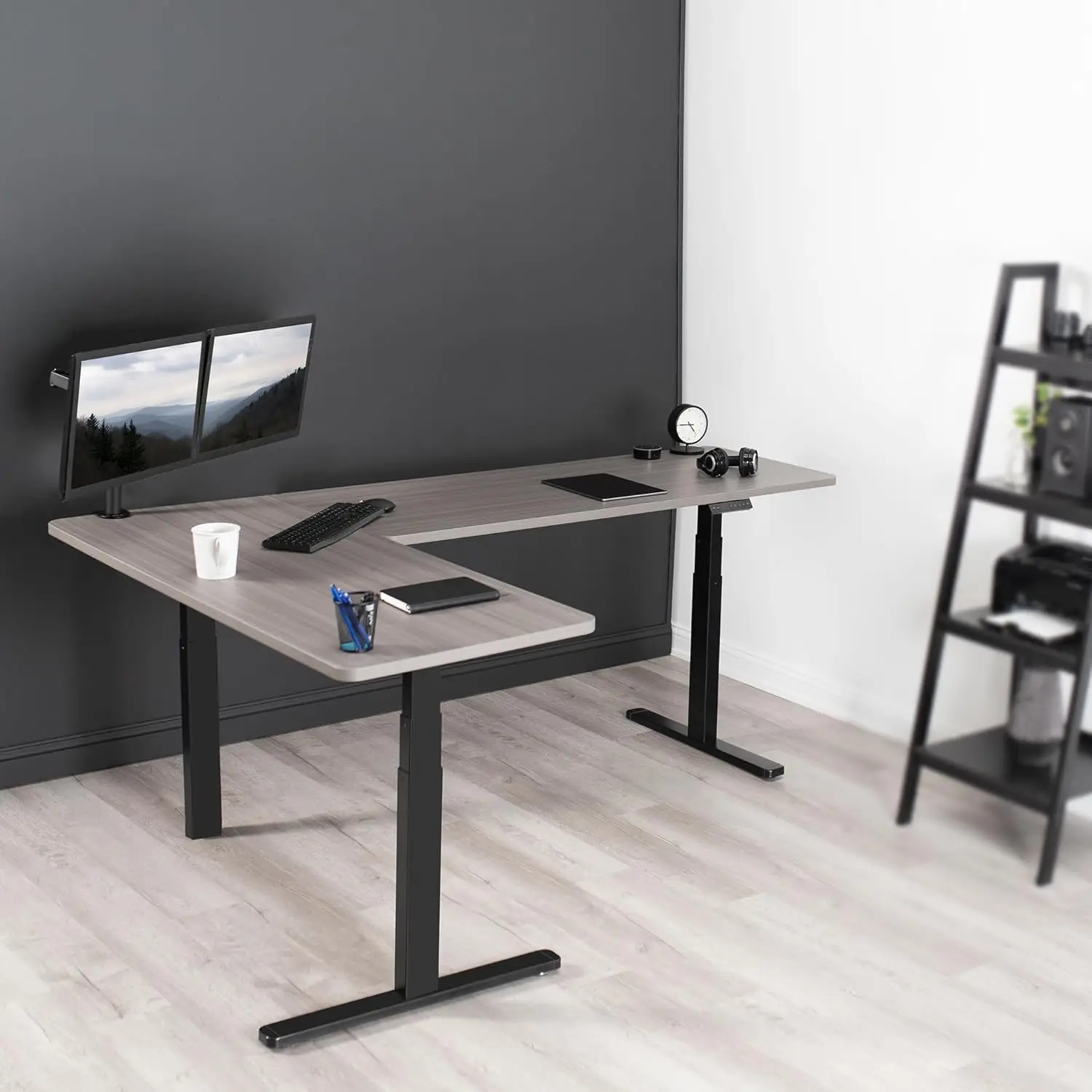 Electric Height Adjustable 83 x 60 inch Corner Stand Up Desk 2 Dark Walnut Solid Table Tops Black Frame Memory Controller