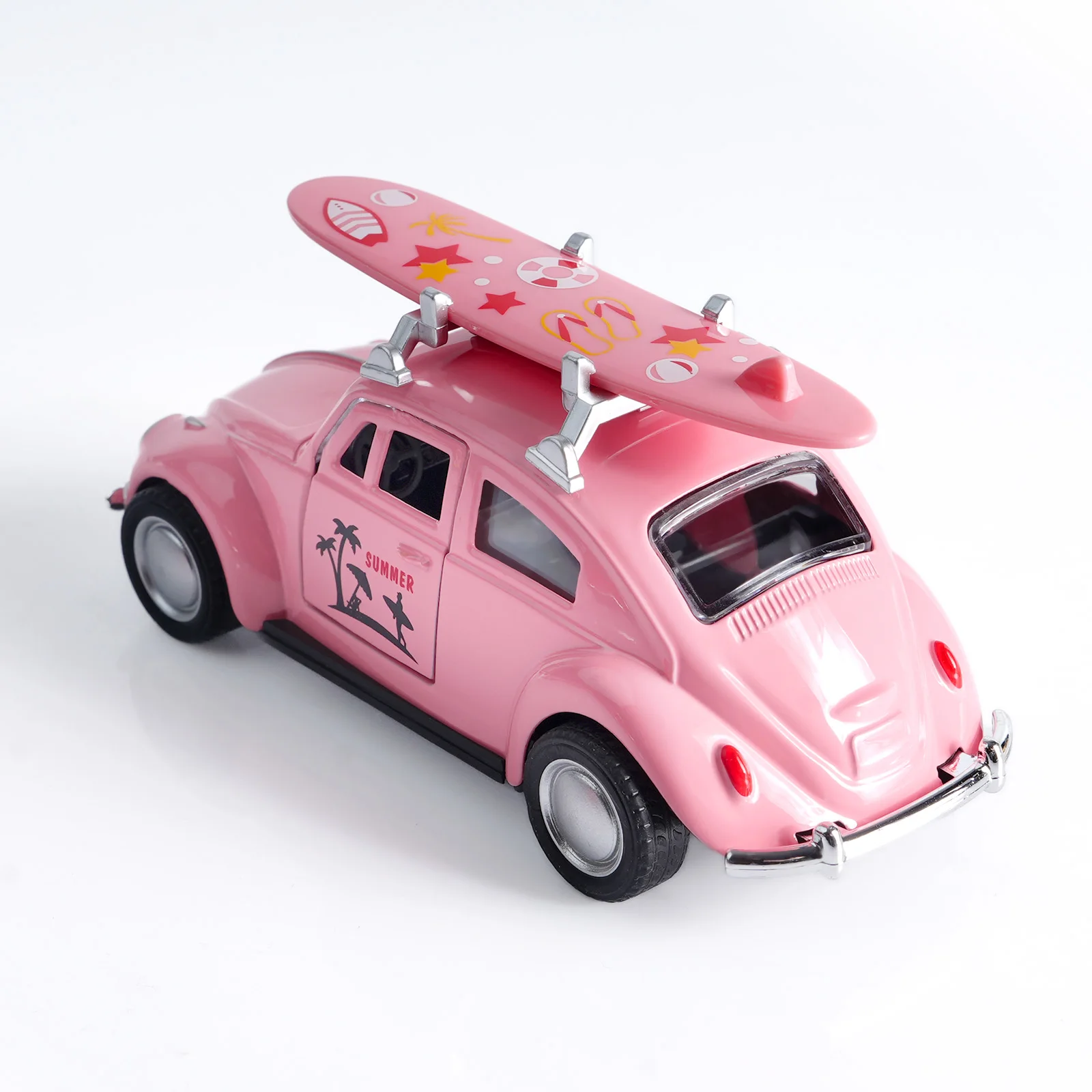 1:36 Pink Volkswagen Beetle Diecast Car with Surfboard, Alloy Pull-Back Model with Open Doors, Retro Summer Beach Toy for Kids view 5