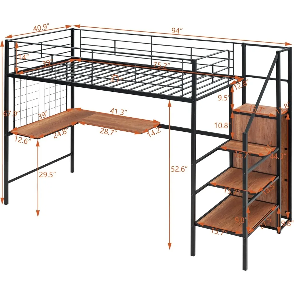 Loft Bed Twin Size with Desk and Storage Stairs, Metal Loft Bed Frame w/Wardrobe,Guardrail& Bookcase