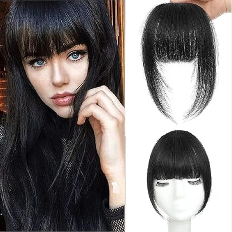 Black Human Hair Bangs OverHead Clip in Hair Extensions Blunt Cut Natural Hair Bangs Fringe Hairpieces for Women in Air Bangs