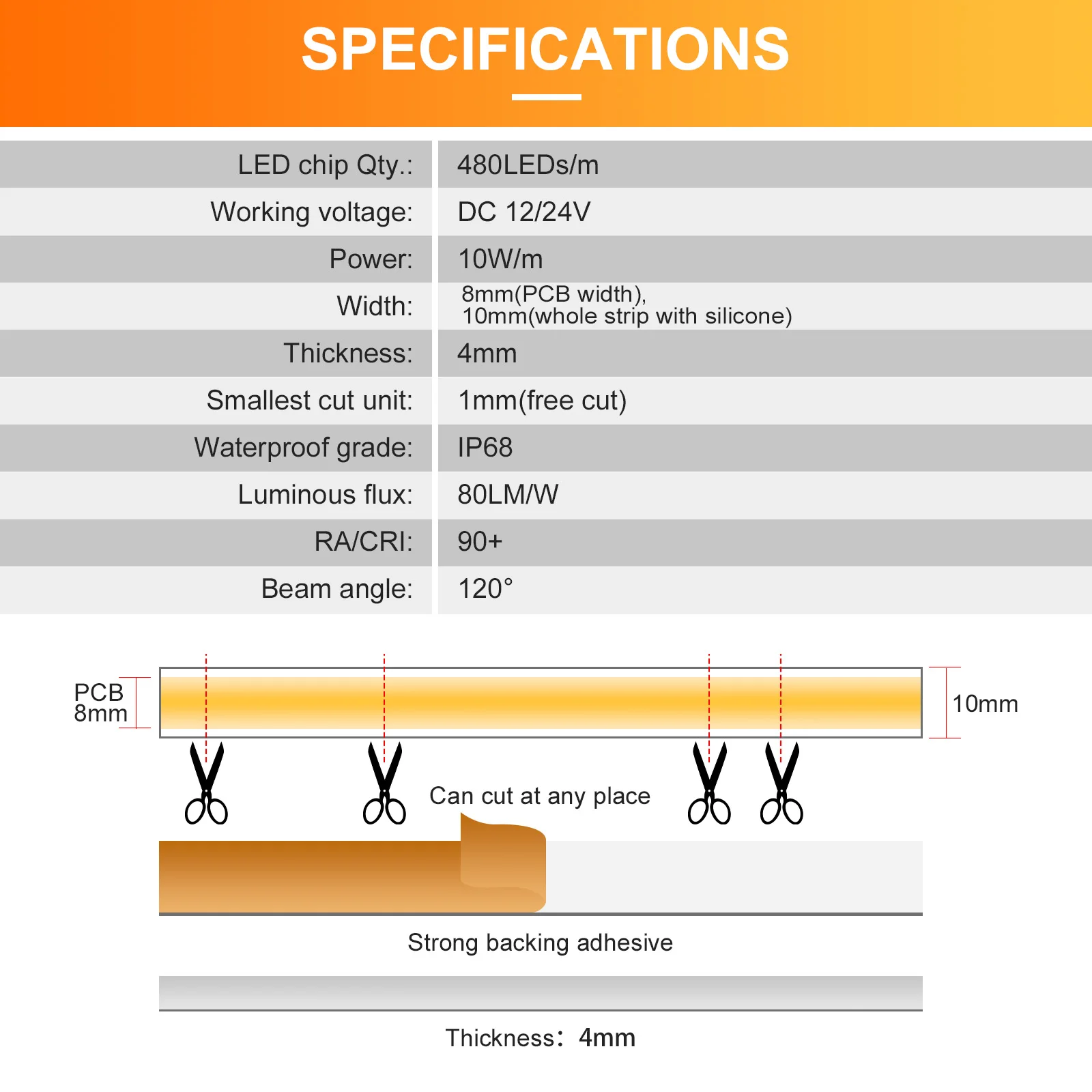 IP68 Waterproof Free Cut COB LED Strip Light Warm Cold White 3000K 4000K 6000K RA90 Neon LED Strip 12V 24V With Silicone Tube