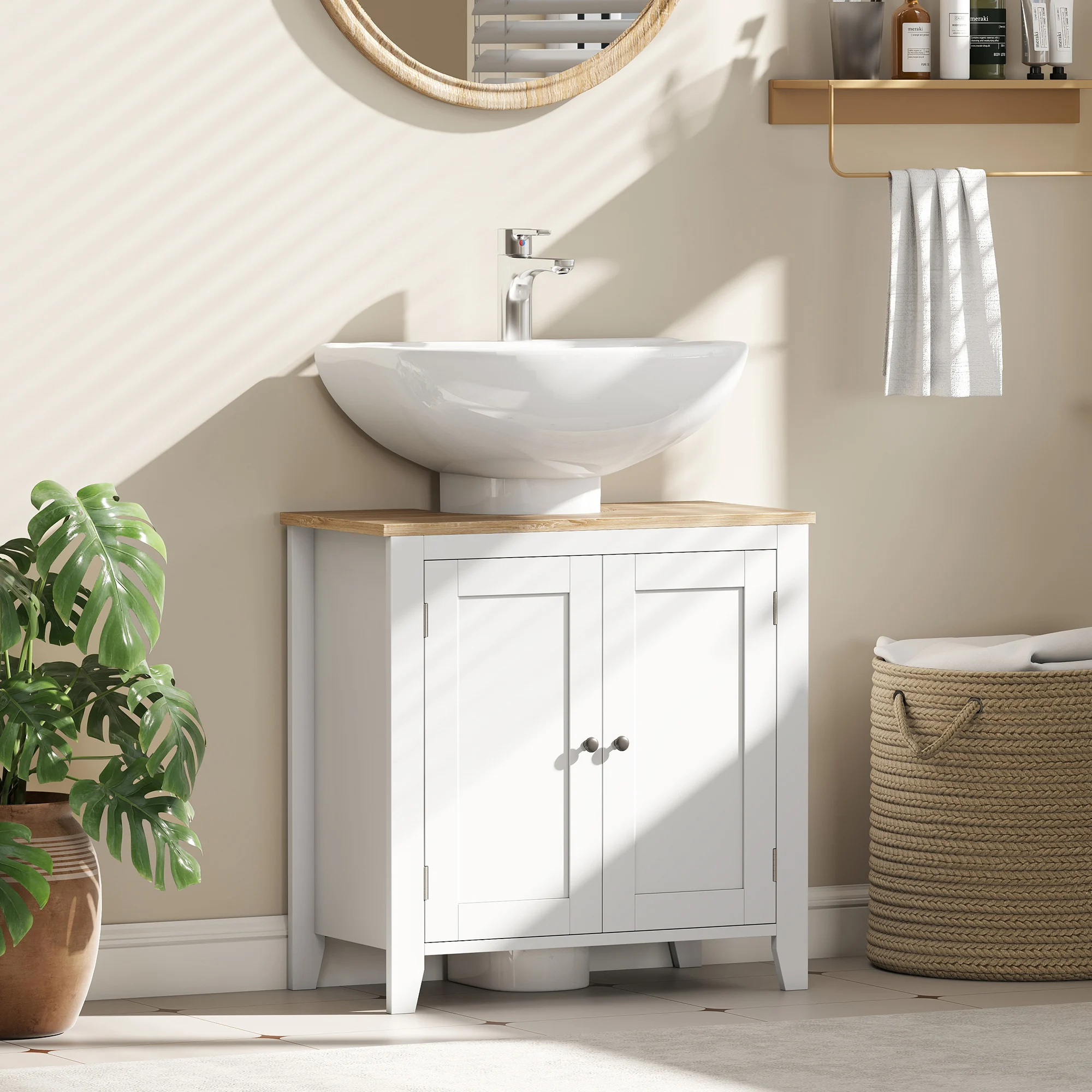 Pedestal Sink Storage Cabinet, Under Sink Cabinet with U-Shape and Adjustable Internal Shelf, White