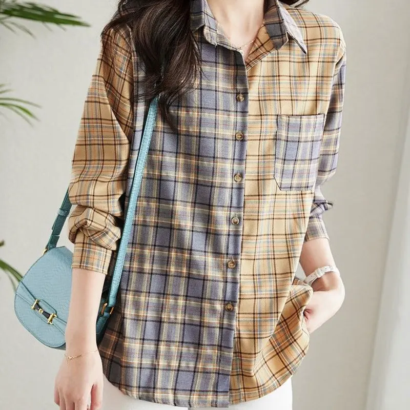 Commute Plaid Asymmetrical Blouse Casual Pockets Spliced Female Clothing Turn-down Collar Spring Autumn Single-breasted Shirt