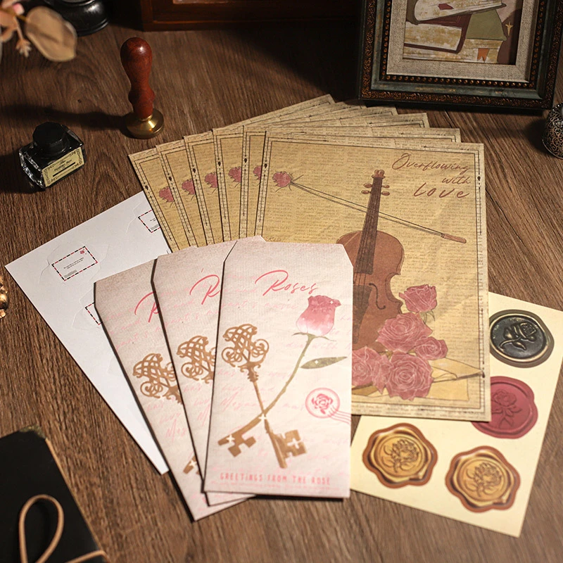 

Vintage Rose Envelope and Stationery Set Romantic Lined Stationery for Love Letters and Confessions with Self-Sealing Envelopes