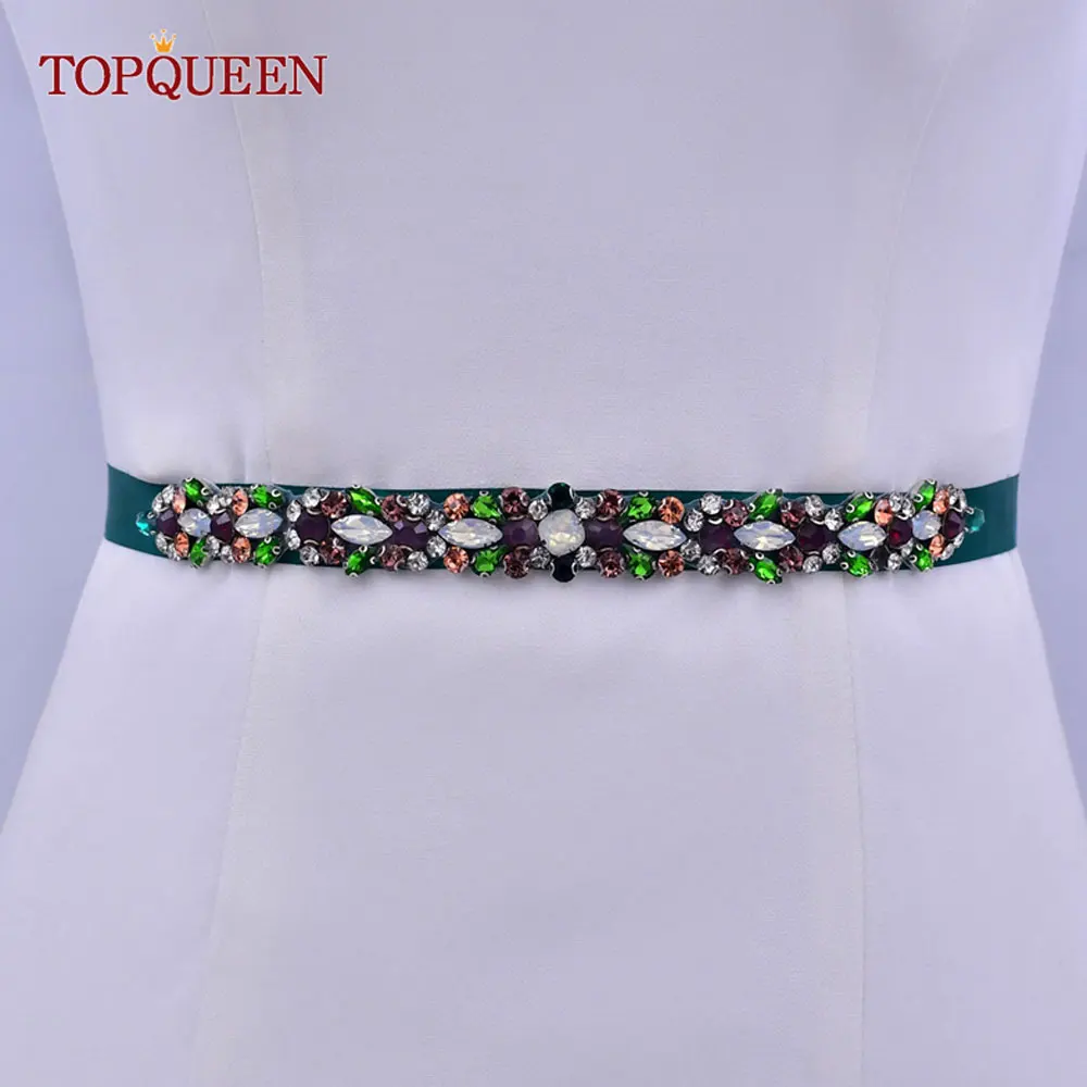 TOPQUEEN S113-KL Bridal Wedding Dress Belt Handmade Women Evening Party Gown Colorful Green Rhinestone Luxury Sash Accessories