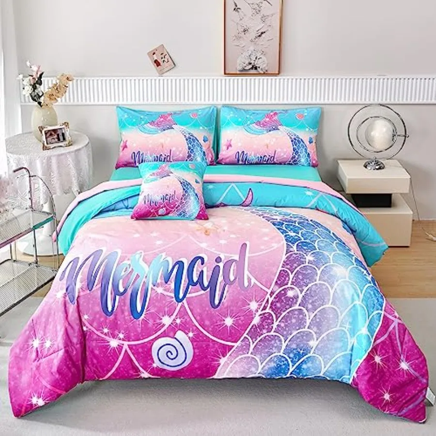 Juego de Edredón para Niñas de 6 Piezas, Tamaño Bed in a Bag, Estampado de Cola de Pez, Juego de Ropa de Cama para Adolescentes, Colección de Ropa de Cama Arcoíris, Poliéster, M
