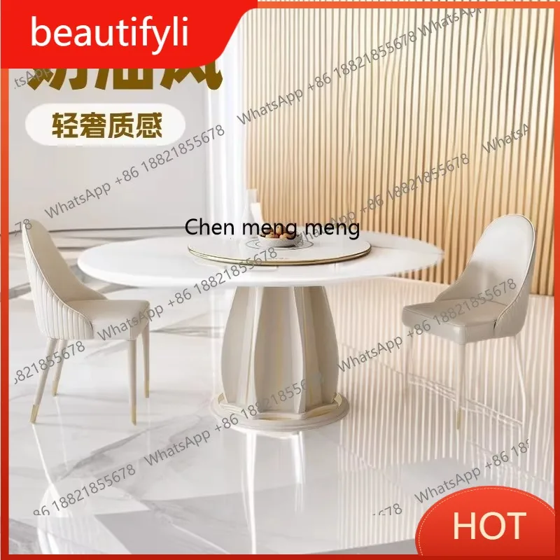 

A139 Solid wood rock slab dining table Modern simple round table with turntable round table All solid wood