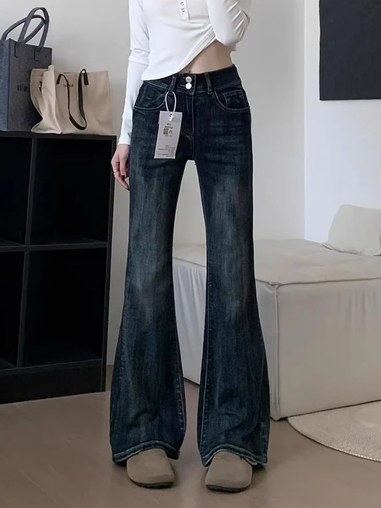 

American Retro High Waist Bell Bottom Jeans Women Summer New Loose Double Button Long Pants Commute Style Washed Denim Jeans