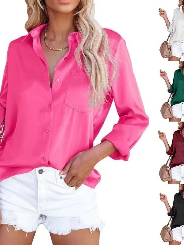 

Spring Summer Women's Satin Long Sve irt Commute Sle Loose Fit Silk Material Medium Length Ele Office Wear