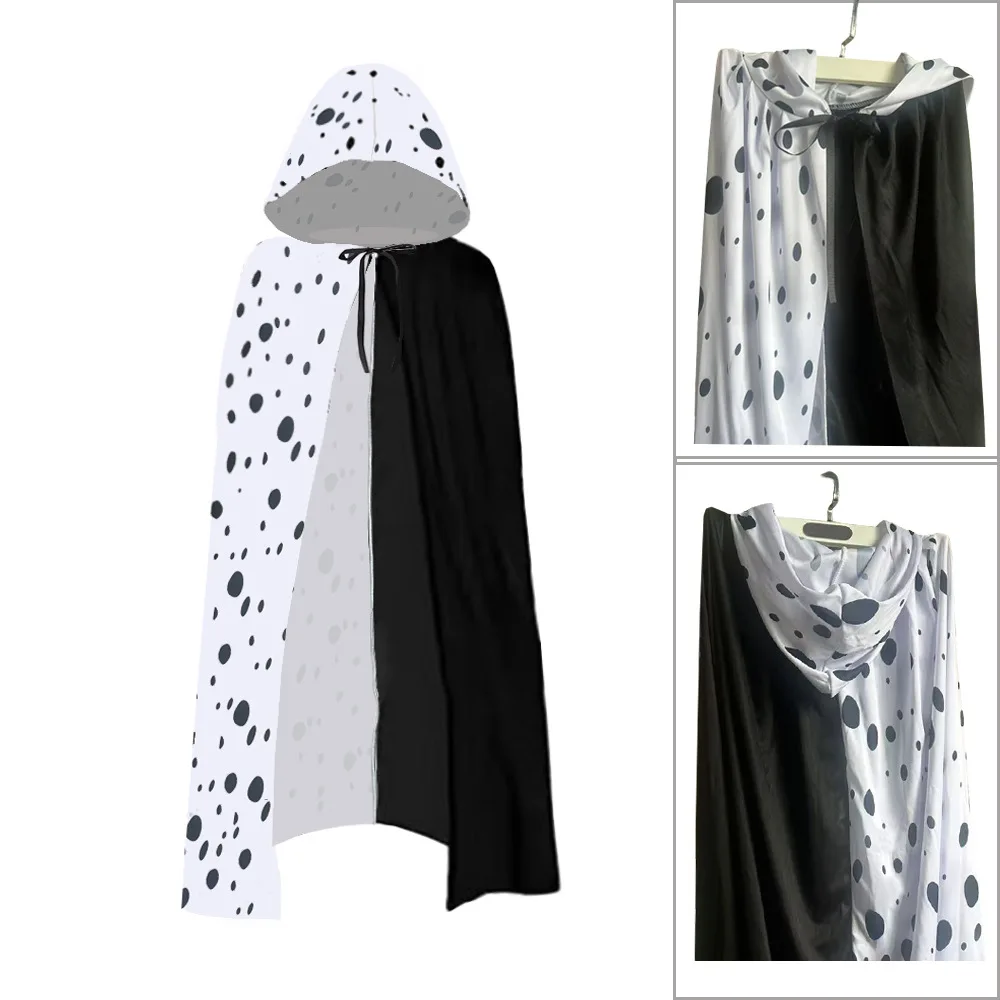 Classic Black White Polka Dot Hooded Cape Half Black Half White Cloak Dalmatian Halloween Cosplay Party Costume Accessory