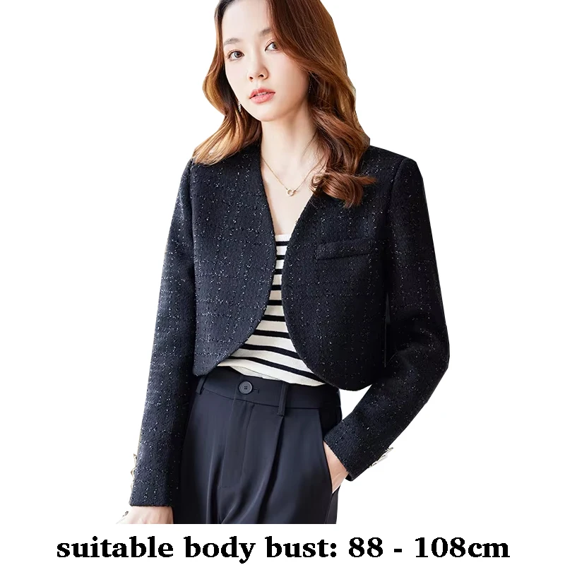

Высококачественный короткий пиджак для женщин, шерстяная куртка с длинным рукавом, весна-осень 2024, элегантная модная одежда - синий, черный, белый