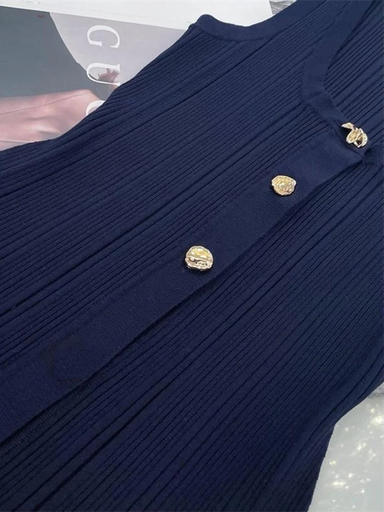 Vestido azul marino de punto sin mangas para mujer, traje elástico de una sola botonadura con cuello en U, largo y ajustado, novedad de verano 2024