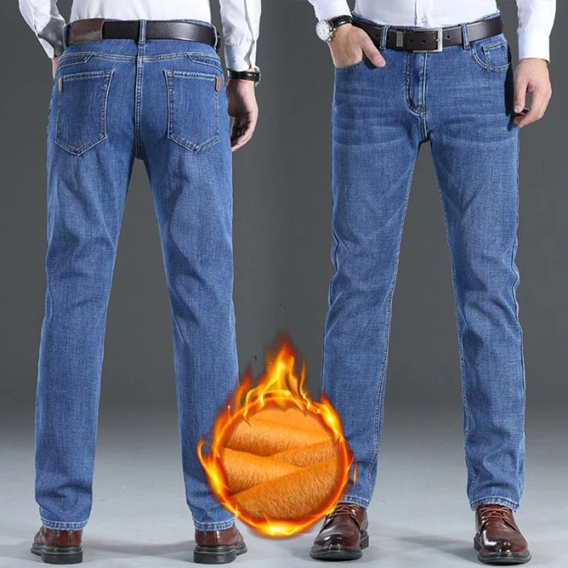 

Мужские зимние теплые плюшевые свободные прямые джинсы, мужские модные утолщенные джинсовые брюки на флисовой подкладке, элегантные повседневные брюки