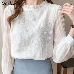 White Shirts Women Ruffled Lantern Sleeve Embroidery Loose Blouses Korean Style Spring Autumn Office Lady Simple All-match Chic
