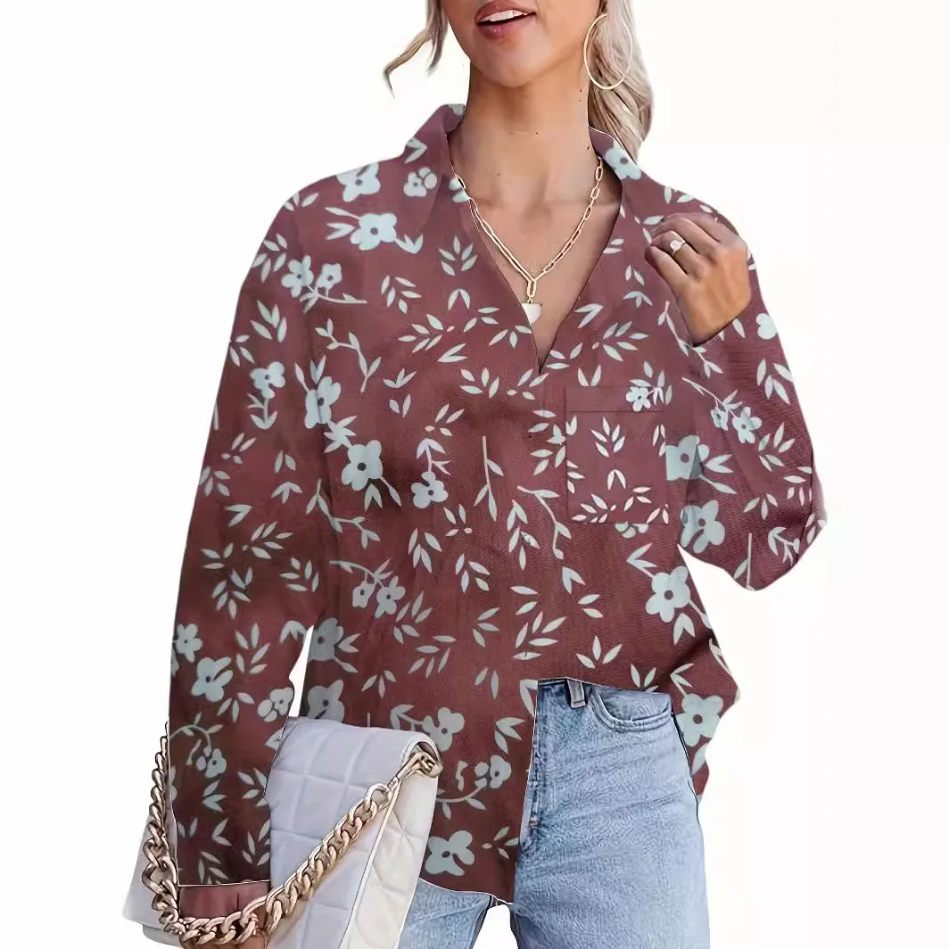 

Women Casual Blouses Fashion Elegant Lapel Neck Long Sleeves Floral Print Top Female Comfortable Loose Single Breasted Clothes
