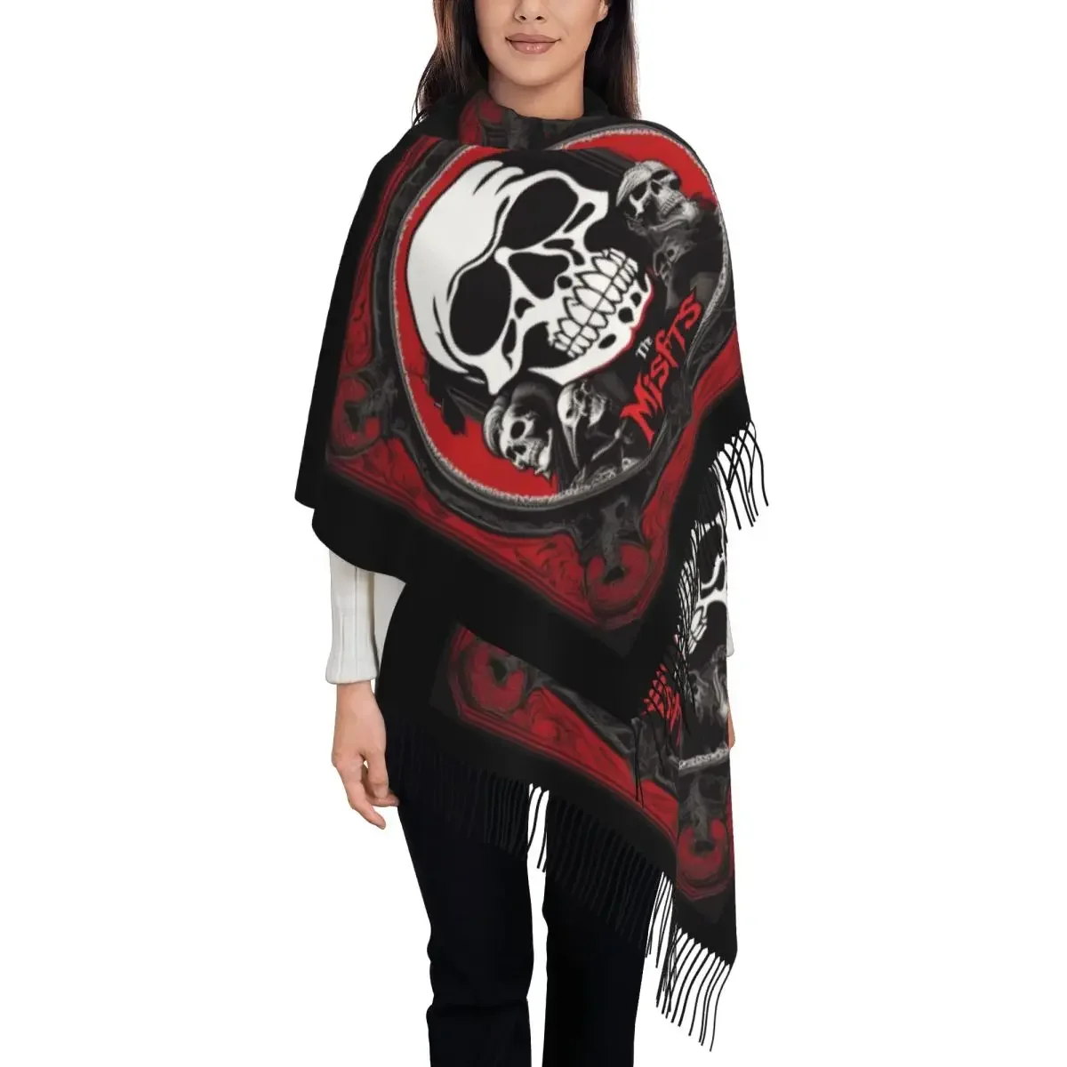 Custom Horror Punk Rock Misfits SKull Scarf Wrap for Women Long Winter Warm Tassel Shawl Unisex Scarves