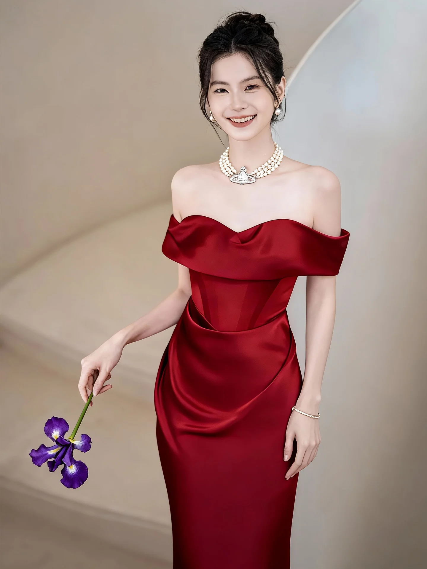 

Red Bridal Evening Gown Engagement Party Wedding Dress Luxury Minimalist Strapless Floor Length Dinner Dress for Women