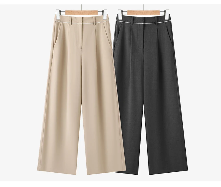 KL9523338 Hoch taillierte Hose aus Wollmischung mit weitem Bein für Damen, plissierte Vorderseite, Herbstmode, Damenbekleidung – Detail 15