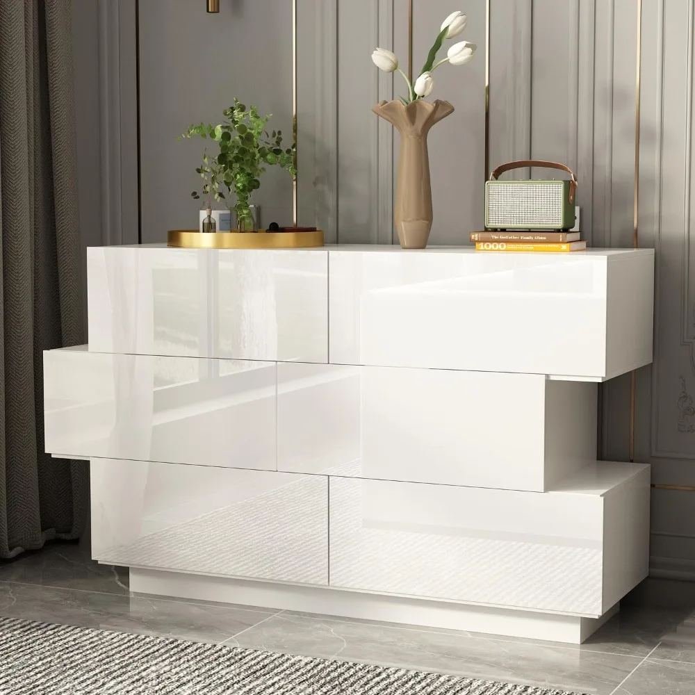 Cómoda doble de 6 cajones con forma irregular, cómoda de madera con superficie brillante, cómoda con cajón de almacenamiento