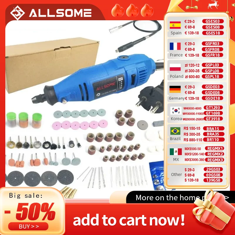 ALLSOM-minitaladro eléctrico Dremel de 180W, máquina pulidora de grabado, herramienta rotativa de velocidad Variable con 148 piezas, accesorios