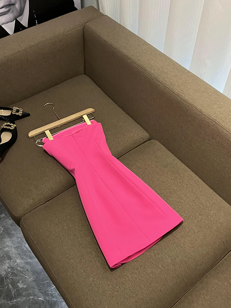 Fashionable Fluorescent Pink  Knot Tube Dress Suit Jacket A04401JF New Celebrity Style Sweet Mid-Length One-Piece