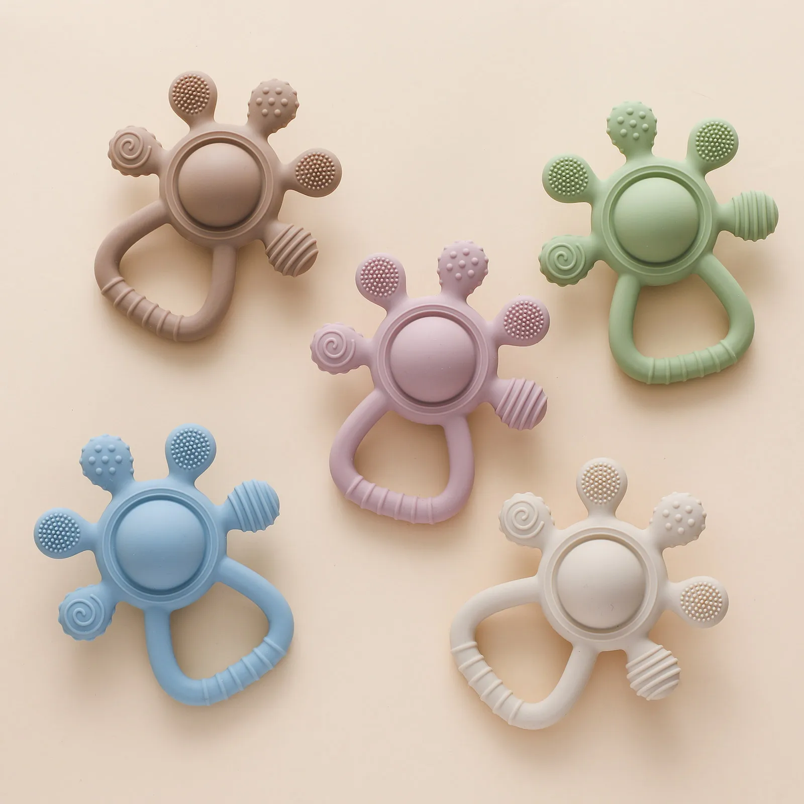 Baby Silicone Teething Ring BPA-Free Food-Grade Teether for 0-12 Months Cartoon Bear Carousel Sensory Gift