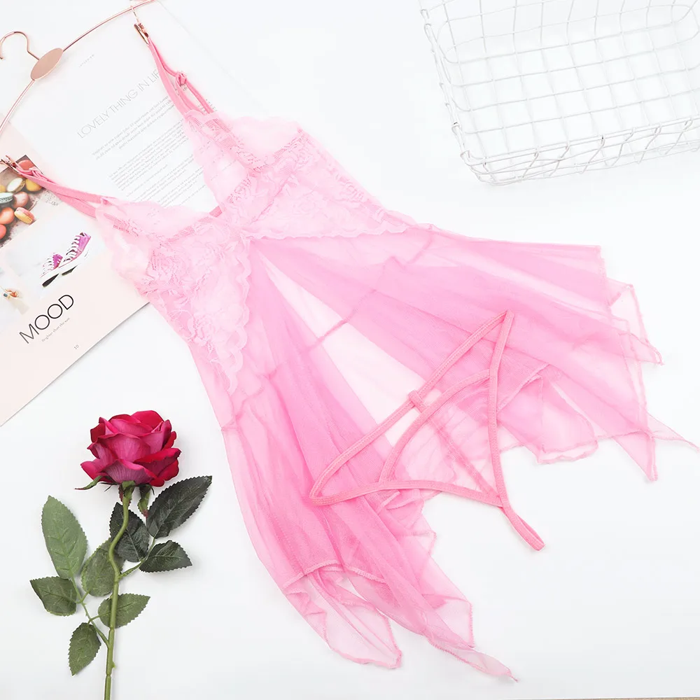 

Hot Sale Night Dress for Female Transparent Babydoll Nightwear with G-string Women's Lingerie Set Underwear Lace Sleepwear