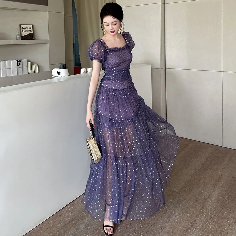 Summer New Women's Clothing French Square Collar Romantic Purple Starlight Polka-Dot Cinched Mesh Dress