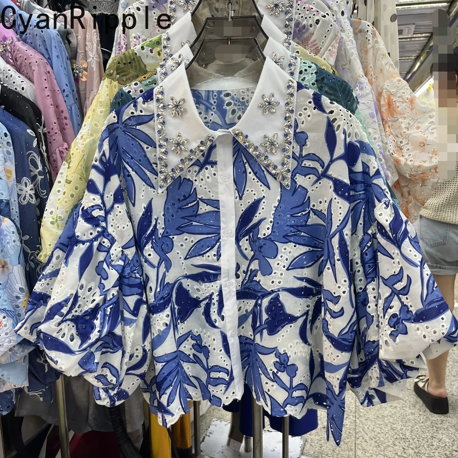 New Summer Chic Hollow Out Floral Print Women Blouses Lantern Sleeve Short Cardigans Top Diamonds Turn-down Collar Casual Shirts