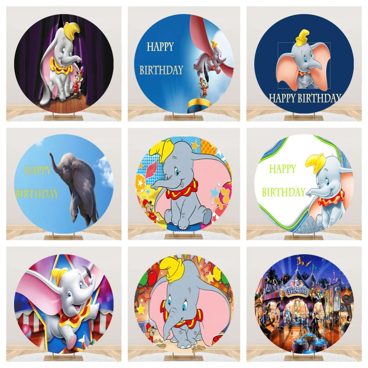 Disney Cartoon  Elephant Dumbo Circus Birthday Party Decoration Baby Shower Circle Background Banner Round Photography Backdrops